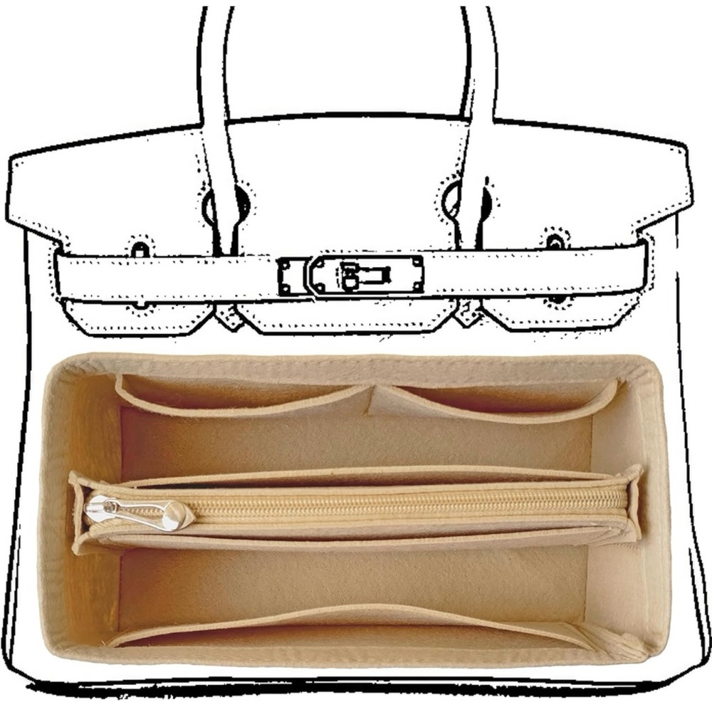 Purse Organizer Insert For Birkin 25 Bag, Felt Insert Organizer w Zipper Beige